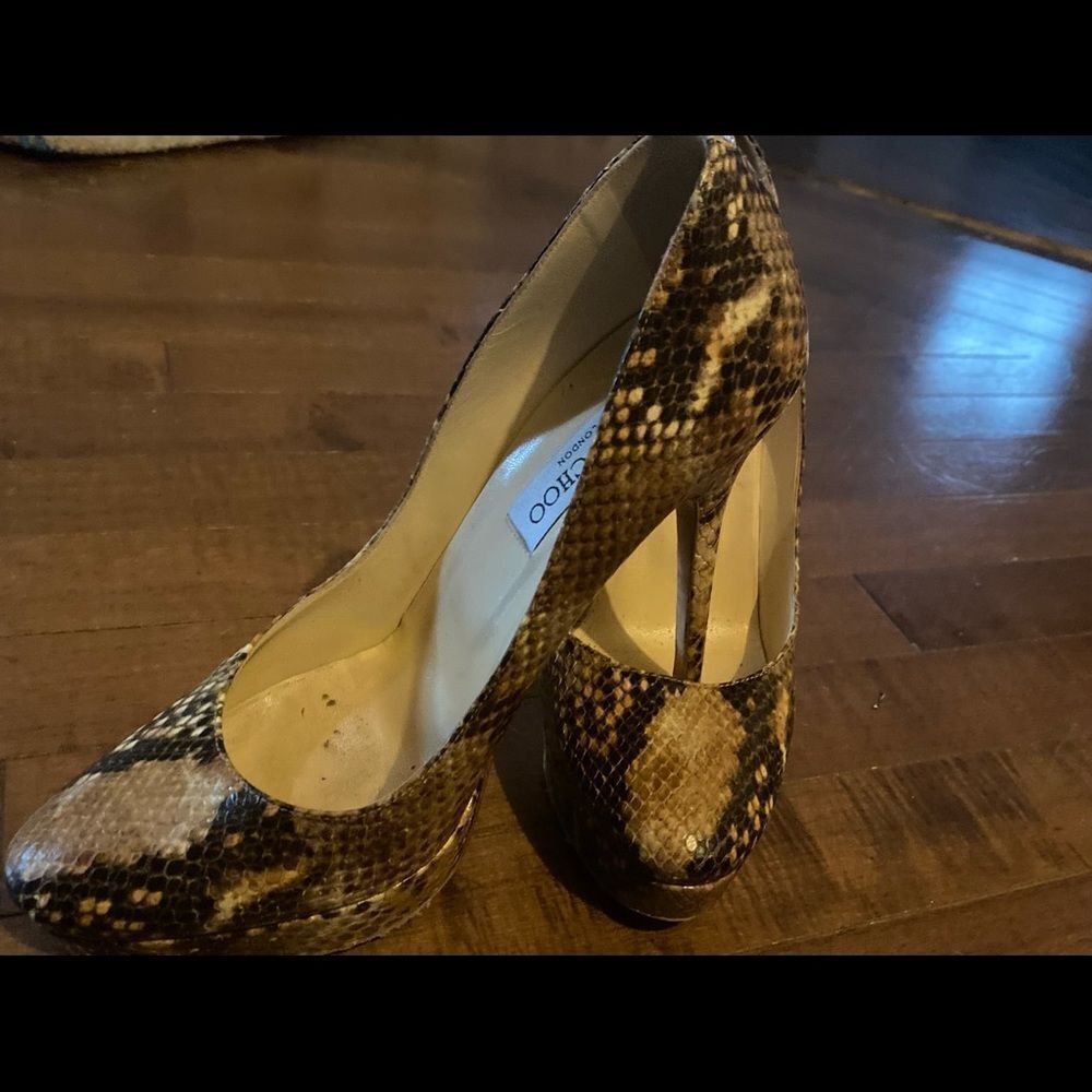 Jimmy Choo Two Tone Embossed Python Leather Platform Pumps - Picture 10 of 12